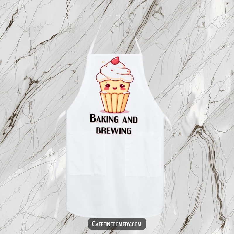 Funny kawaii cupcake character winking from a foamy coffee mug, perfect for a baking apron.