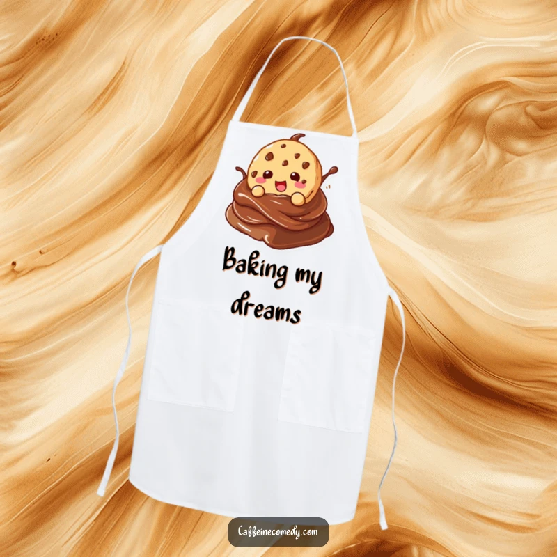 Funny kawaii cookie character gleefully diving into a chocolate swirl, perfect for a baking apron.