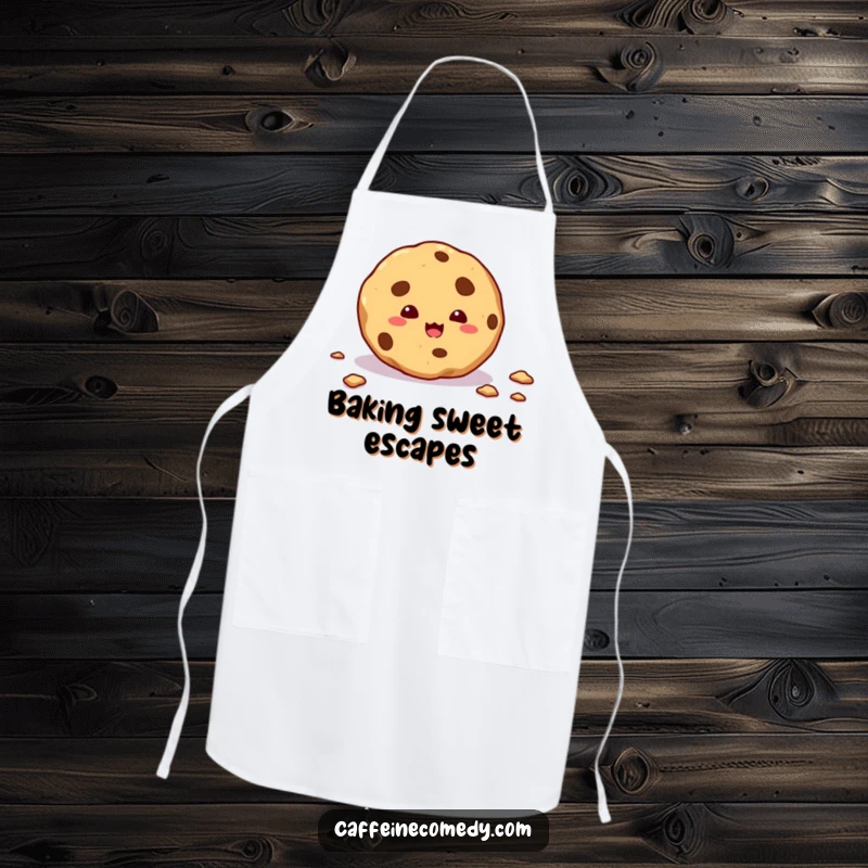 Funny apron graphic of a mischievous cookie leaving crumbs while baking, bringing fun to the kitchen.