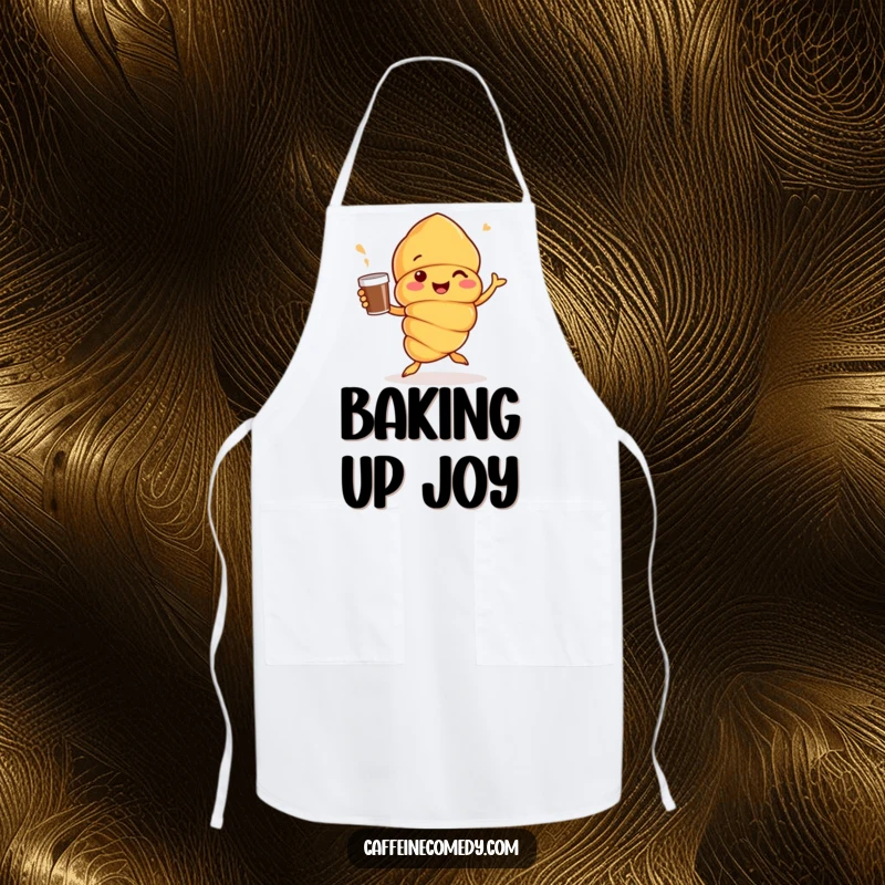 Funny Croissant character in chef's hat doing a jig with a coffee cup, durable kitchen apron for joyful cooking experiences.