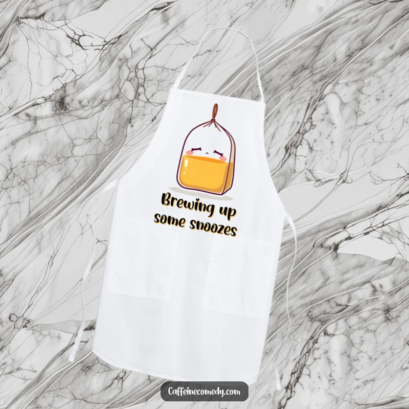 Funny apron featuring a sleepy tea bag character, ideal for kitchen use and adding a humorous, lighthearted touch while cooking.