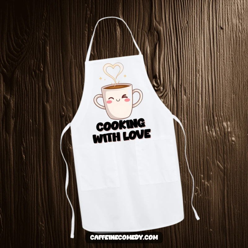 Funny apron with a steaming coffee mug character winking, steam forming a heart, perfect for a coffee-loving cook.
