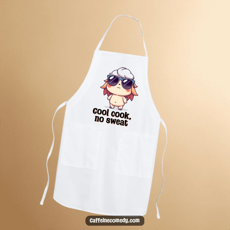 Funny cooking apron with a cool cold brew character in tiny sunglasses, looking relaxed and ready to get stuff done.
