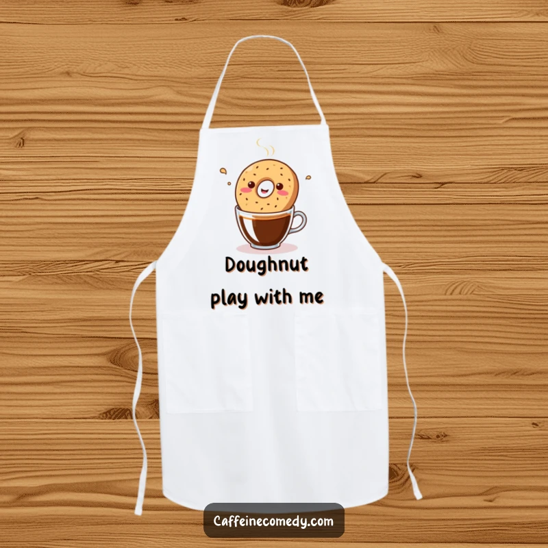 Funny kawaii bagel bopping in a coffee cup, designed on a chef apron for a humorous cooking experience.