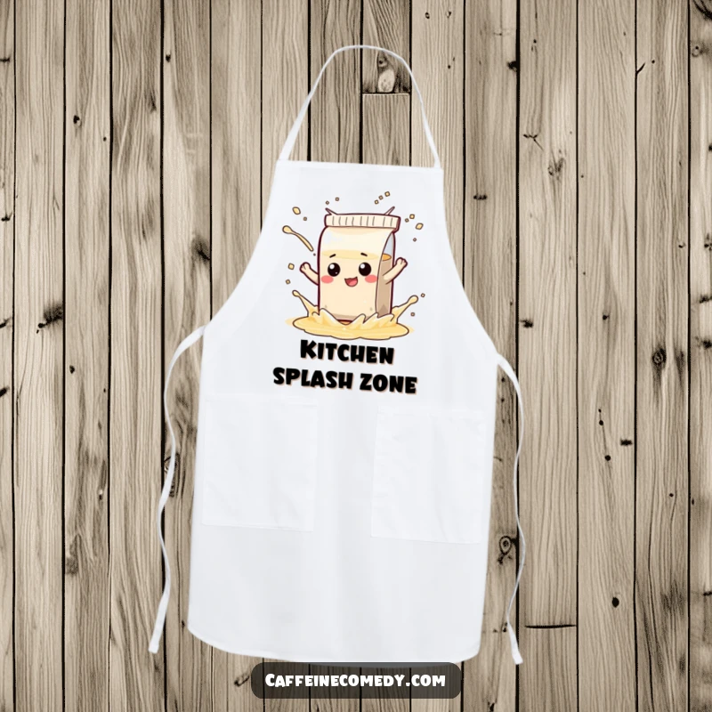 Funny chef apron with a mischievous tea bag character playfully splashing, perfect for adding humor to the kitchen.