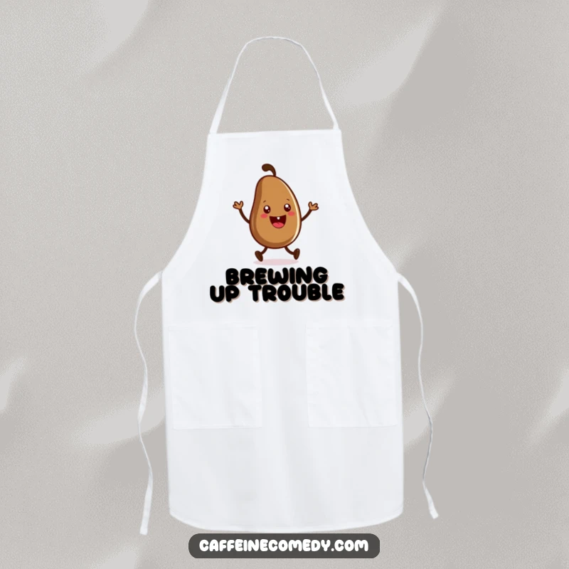 Funny apron showing a grinning coffee bean character doing a lively jig. Perfect for adding fun to any kitchen task.