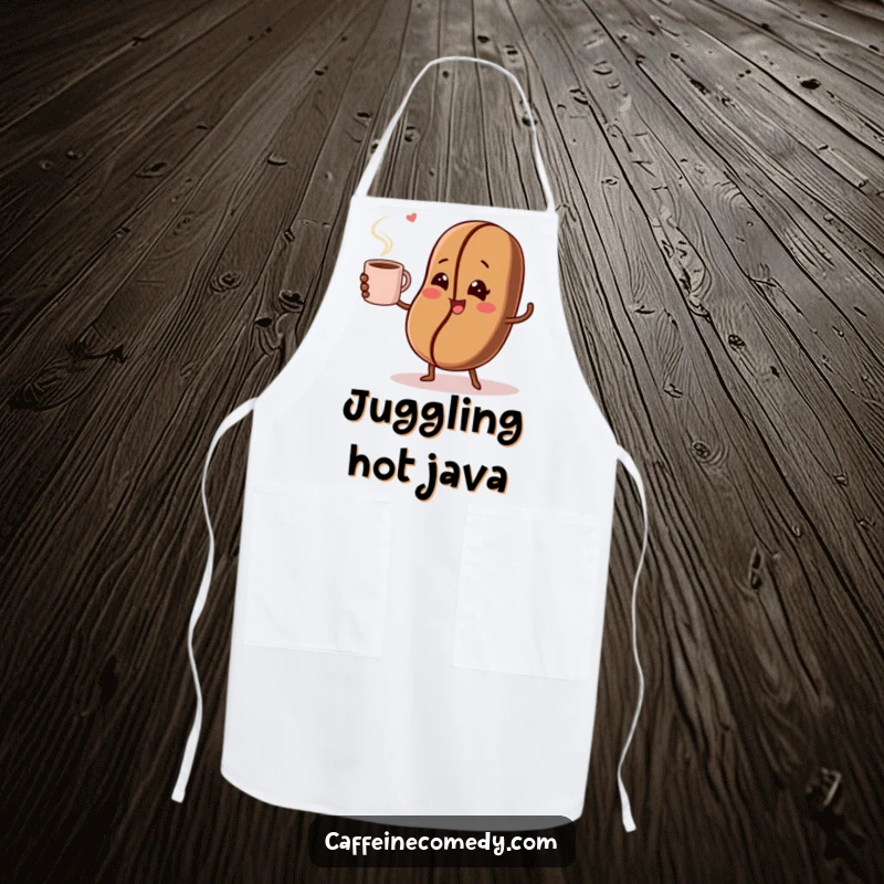 Funny apron featuring a winking coffee bean juggling a steaming mug, perfect for kitchen fun and cooking.