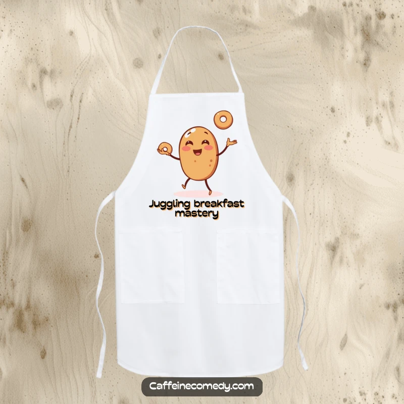 Funny apron depicting a cartoon coffee bean juggling three small bagels, perfect for a messy but joyful cooking experience.