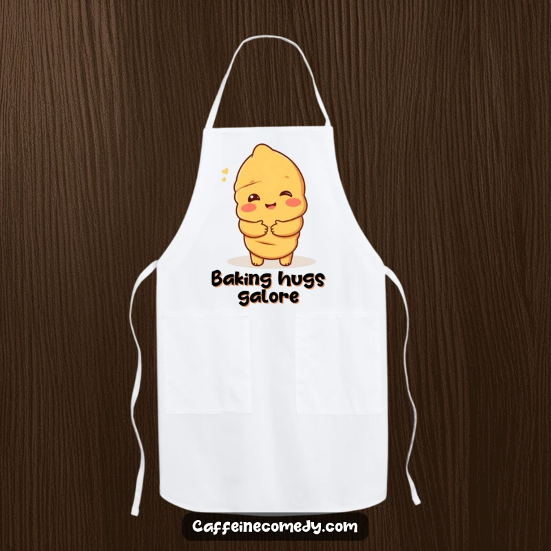 Funny apron showing a delighted croissant character offering a warm hug, perfect for adding a cheerful touch to kitchen activities.