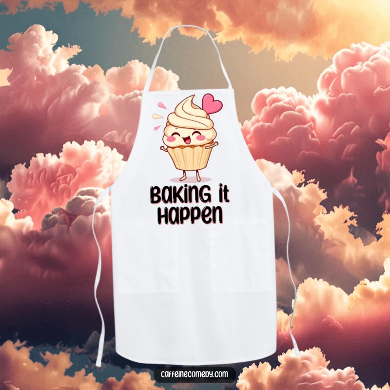 Funny Cupcake Apron: A cheerful cupcake character enthusiastically blowing frosting, adding a sweet, humorous touch to baking.