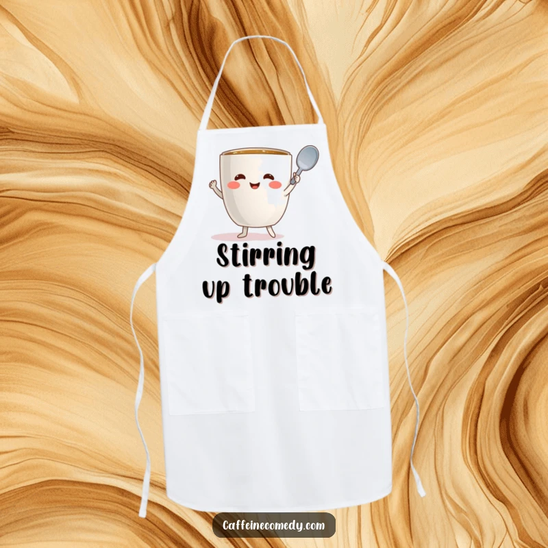 Funny coffee mug character dancing with a spoon, a humorous and functional kitchen apron.
