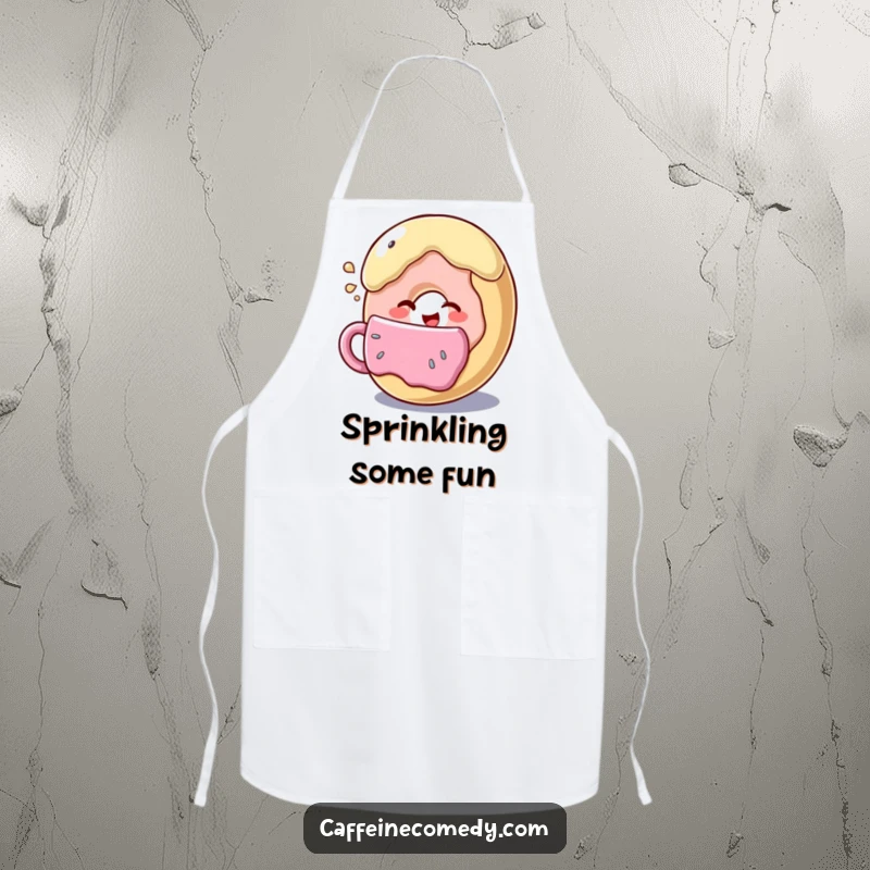Funny donut character winking while holding a giant coffee cup, stylish and practical apron for a fun cooking experience.