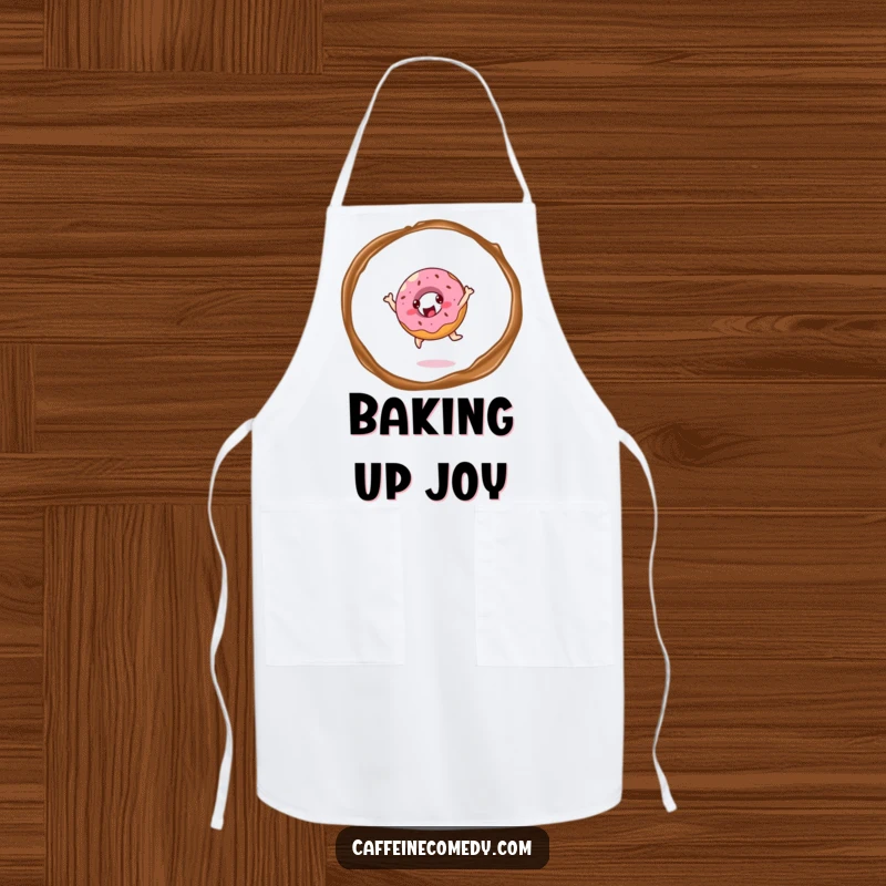 Funny cheerful donut character joyfully leaping through coffee steam, ready for kitchen adventures on this charming apron.
