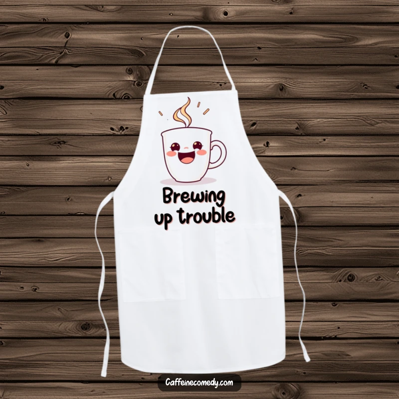 Funny apron showing a beaming espresso cup character steaming with energetic delight, ready to add fun to any cooking or baking session.