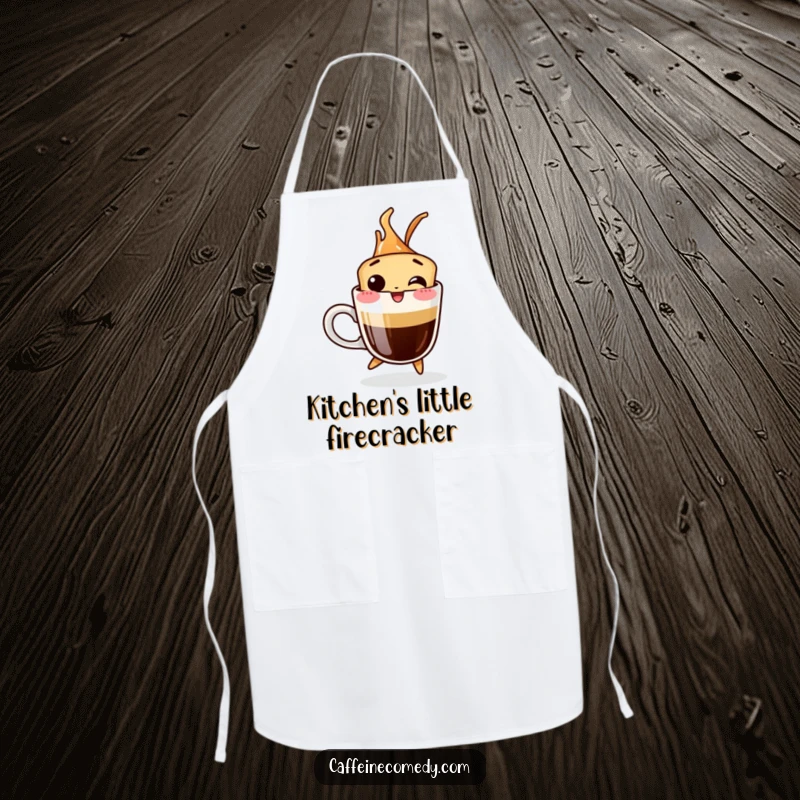Funny apron featuring a giggling espresso shot jumping out of a cup, ideal for kitchen fun.