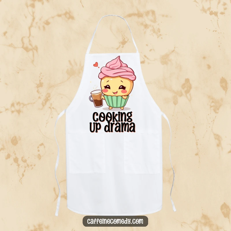 Funny chef apron featuring a giggling cupcake character in a dramatic pose with a frothy coffee, ready for kitchen fun.