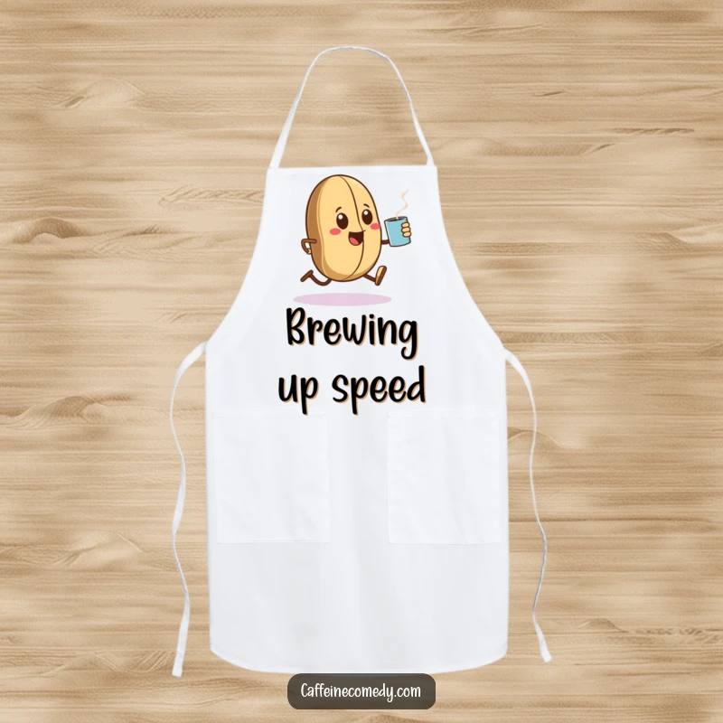 Funny Kawaii coffee bean character sprinting with a steaming mug, ready to assist in the kitchen on a durable apron.