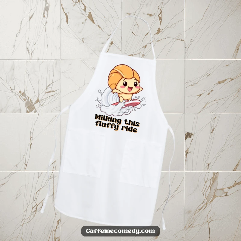Funny Kawaii Croissant Surfing Milk Apron: Humorous apron featuring a croissant surfing a milk wave, perfect for messy cooks and bakers. A great funny gift.