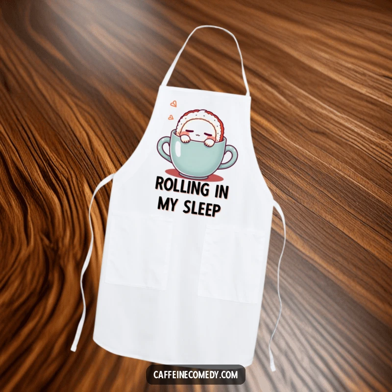 Funny Kawaii Sushi Coffee Apron: Humorous apron featuring a cute sushi character sleeping in a coffee mug, perfect for chefs and home cooks. A great funny gift.