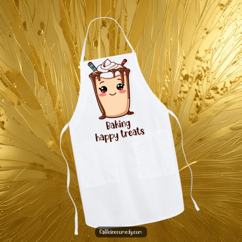 Funny apron featuring a cheerful mocha character, adorned with chocolate drizzle forming a sweet smiley face, perfect for cooking.