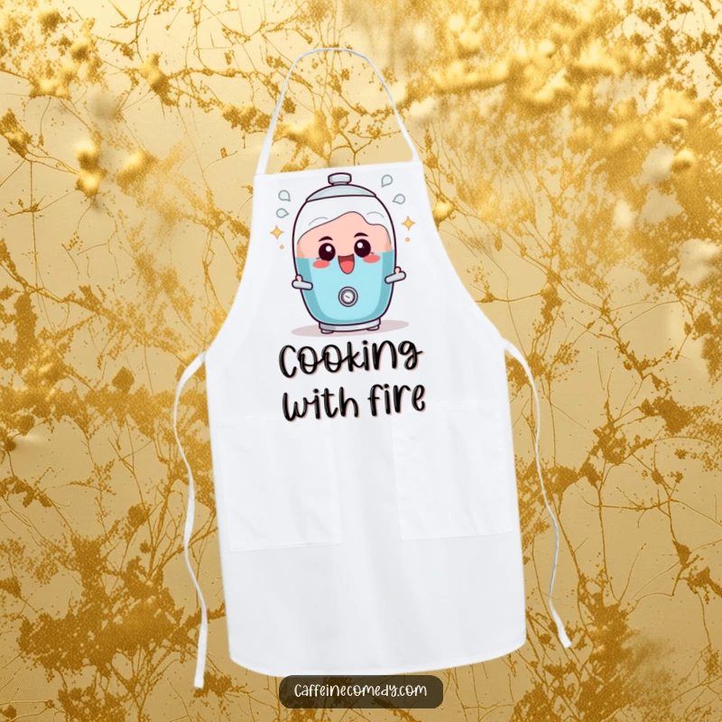 Funny apron featuring a determined percolator character, actively bubbling with excitement, perfect for brewing and cooking.
