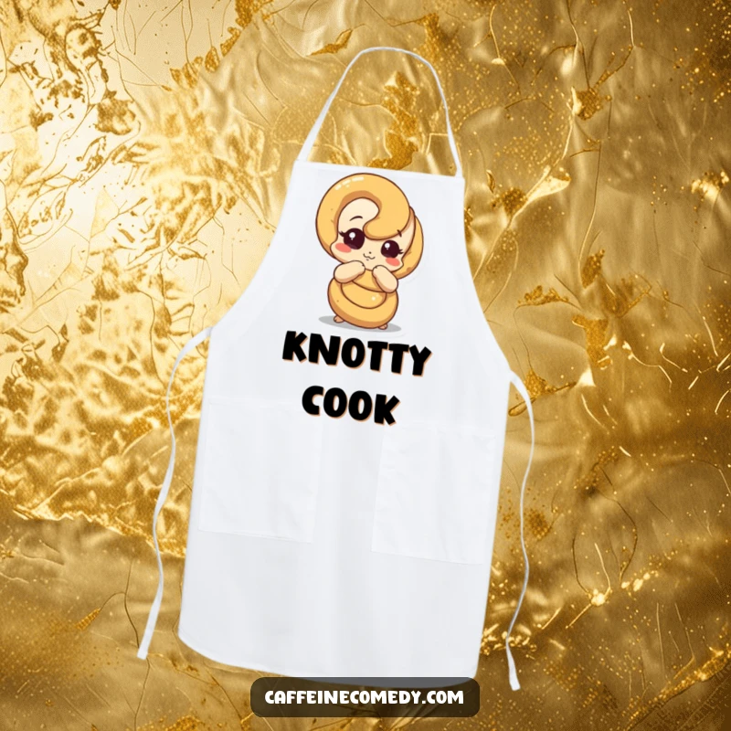 Funny pretzel apron depicting a pretzel character humorously unraveling, great for chefs who enjoy a good laugh.