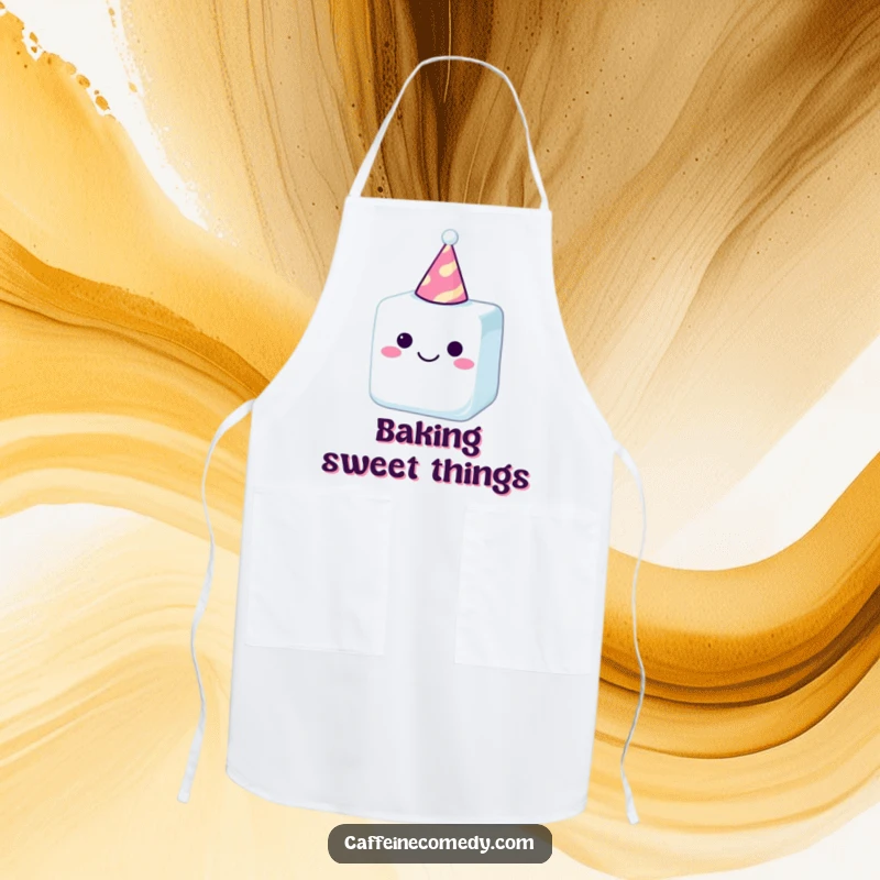 Funny sugar cube in a party hat, a delightful and humorous cooking apron for a joyful kitchen experience.