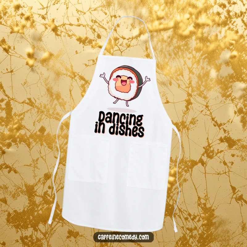 Funny apron featuring a happy sushi roll with legs dancing, ideal for kitchen duties with a dash of delicious fun.