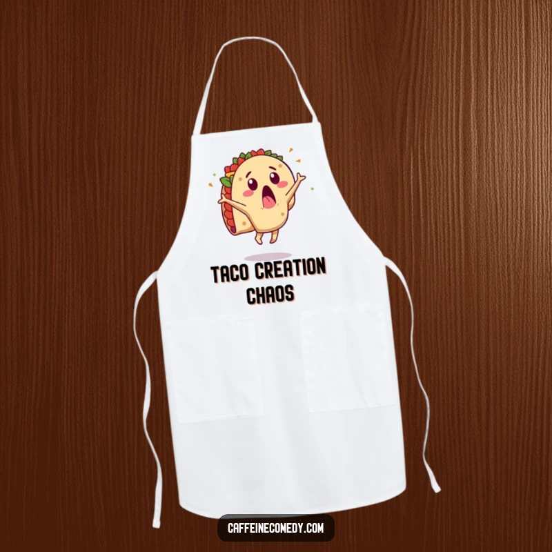 Funny apron showing a surprised taco character doing a cartwheel with ingredients flying. Perfect for adding fun to cooking.
