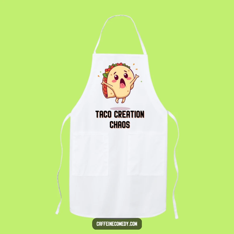 Funny Taco Cartwheel Apron: Surprised Character's Messy Flip, Kitchen Fun!