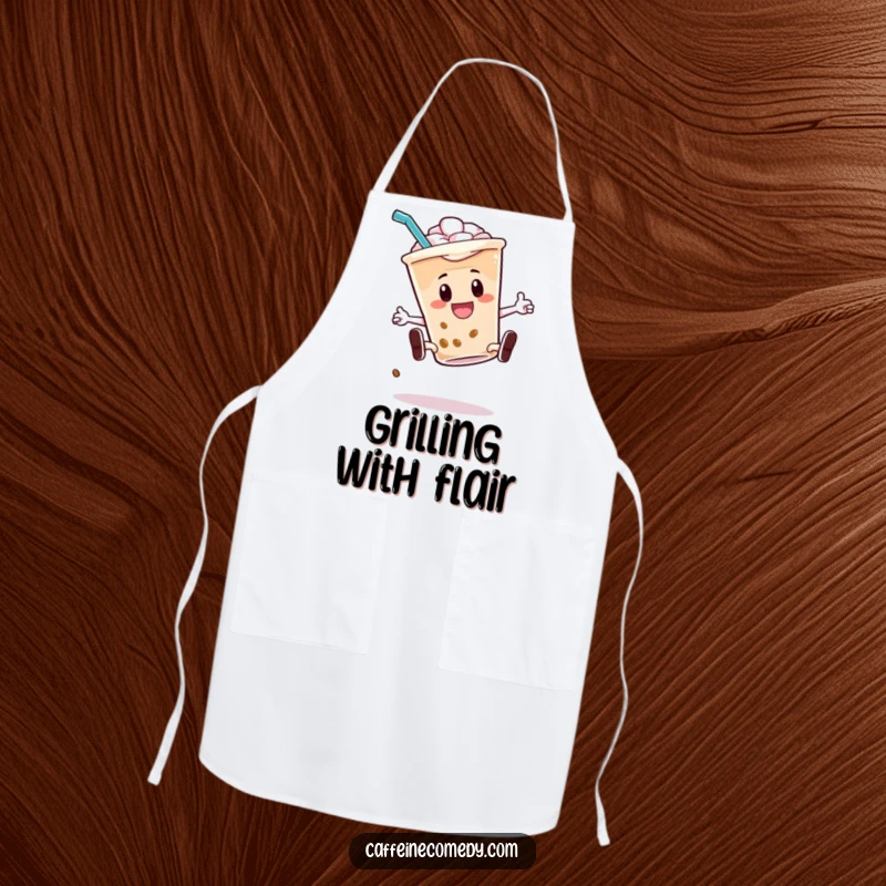 Funny apron with an energetic iced coffee character doing a kickflip with its straw, perfect for a cool chef.