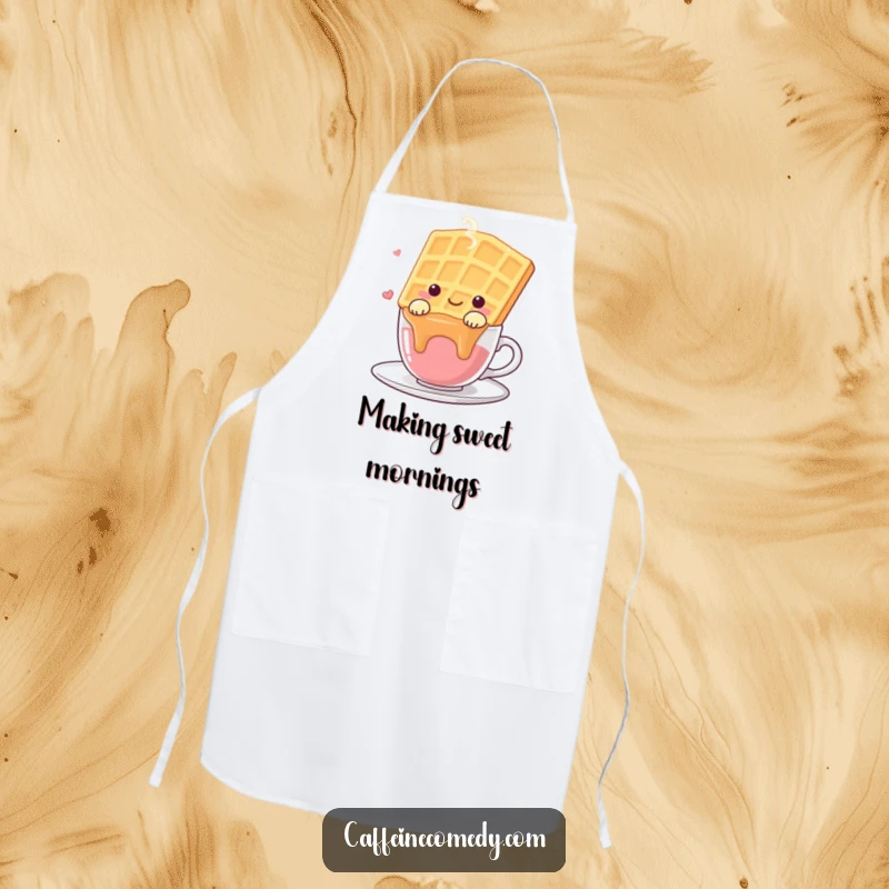 Funny kawaii waffle character happily draped over a steaming coffee cup, perfect for a baking apron.