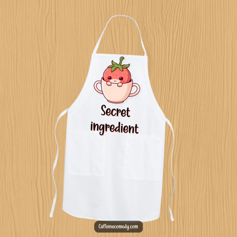 Funny Kawaii Strawberry Hiding Apron: A mischievous strawberry character hiding in a mug, adding humor to kitchen activities.