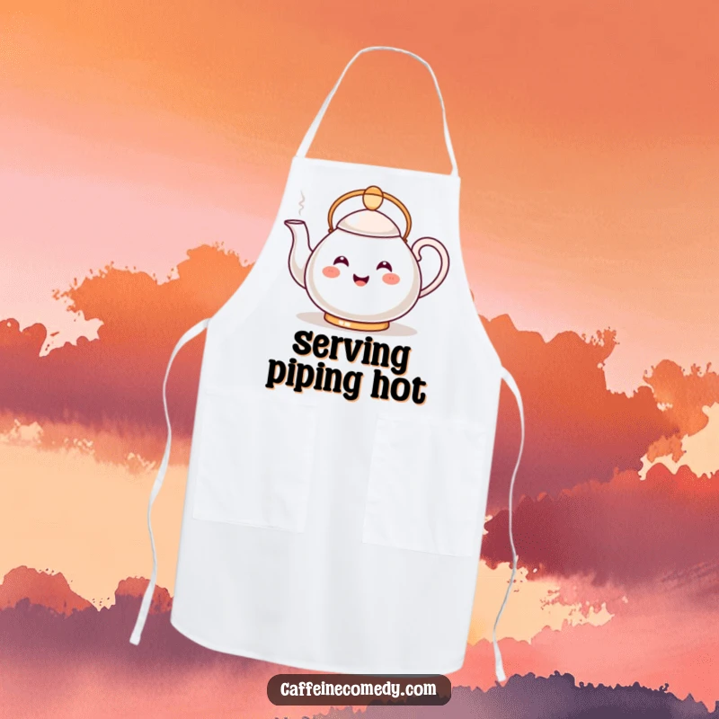 Funny Kawaii Teapot Apron: A smiling kawaii teapot happily pours a steamy stream, making kitchen tasks delightfully cozy and fun.