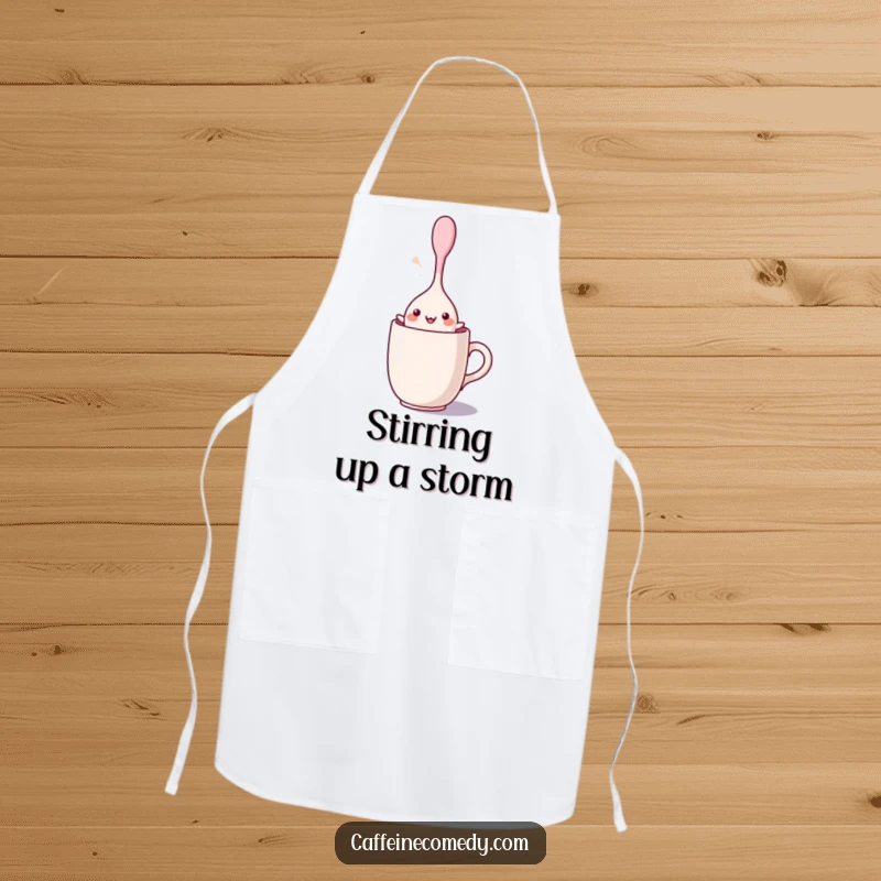 Funny kawaii stirring spoon character dancing in a mug, printed on a kitchen apron, adding a playful touch to cooking and baking activities.