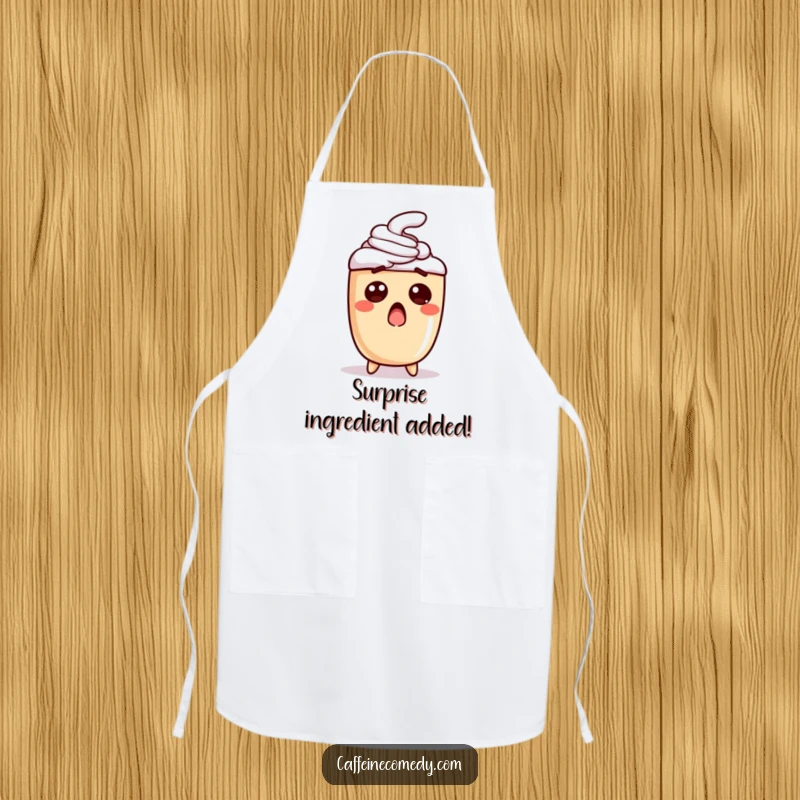Funny apron featuring a surprised latte character, perfect for kitchen use and bringing a humorous, coffee-inspired twist to cooking.