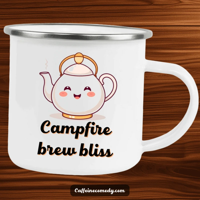 Funny Kawaii Teapot Camping Mug: A durable mug featuring a smiling teapot pouring a steamy stream, perfect for warm outdoor drinks.