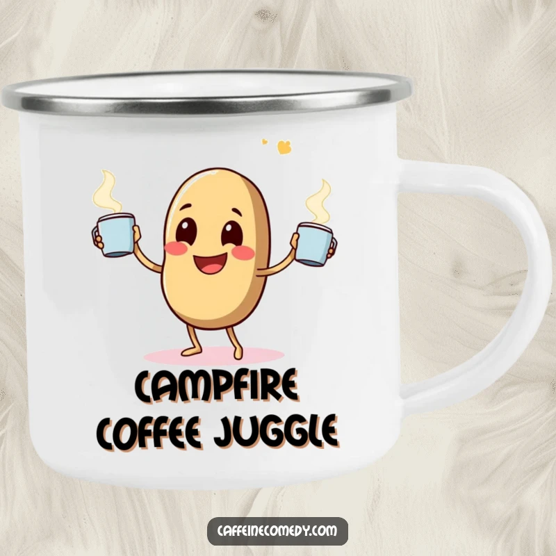 Funny camping mug with a happy coffee bean character comically juggling steaming mugs, perfect for outdoor caffeine enjoyment.