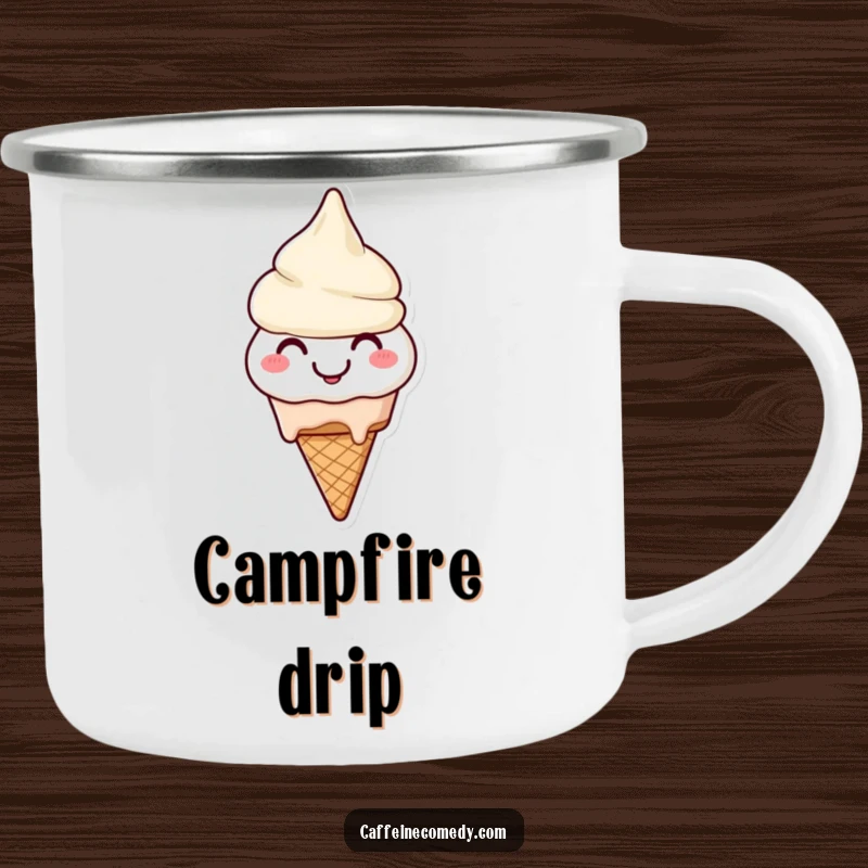 Funny Ice Cream Camping Mug: A smiling ice cream cone character happily melting, blending outdoor fun with sweet humor.