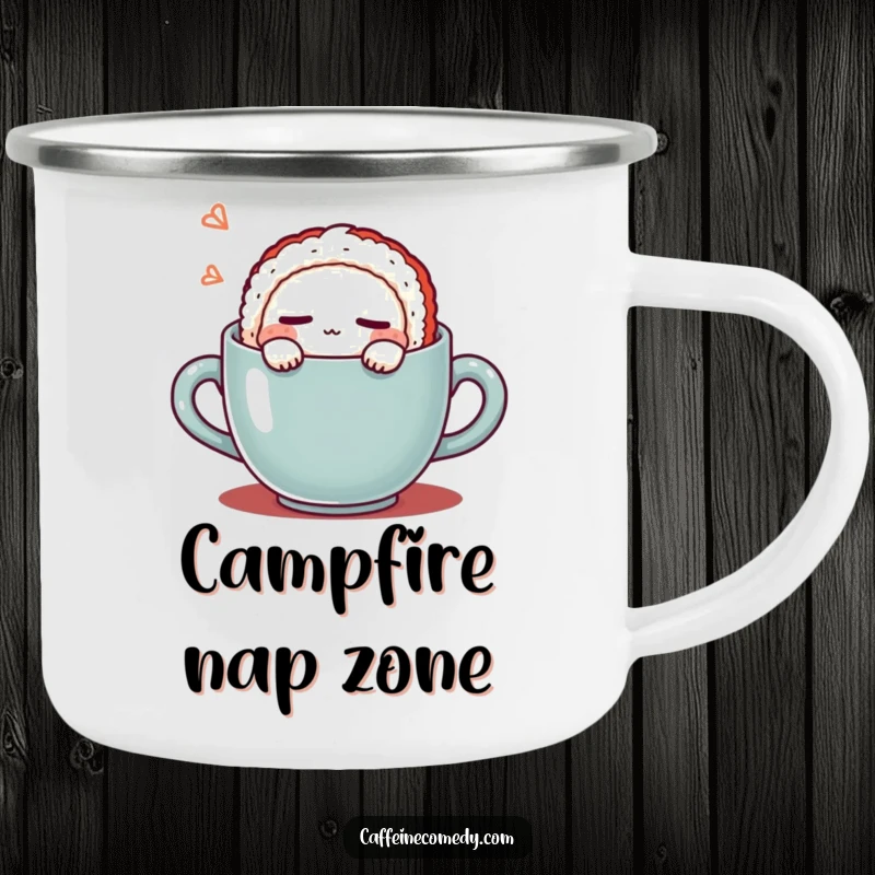 Funny Kawaii Sushi Coffee Camping Mug: Rugged mug with a cute sushi character sleeping in a coffee mug, perfect for outdoor relaxation and humor. A sturdy funny gift.