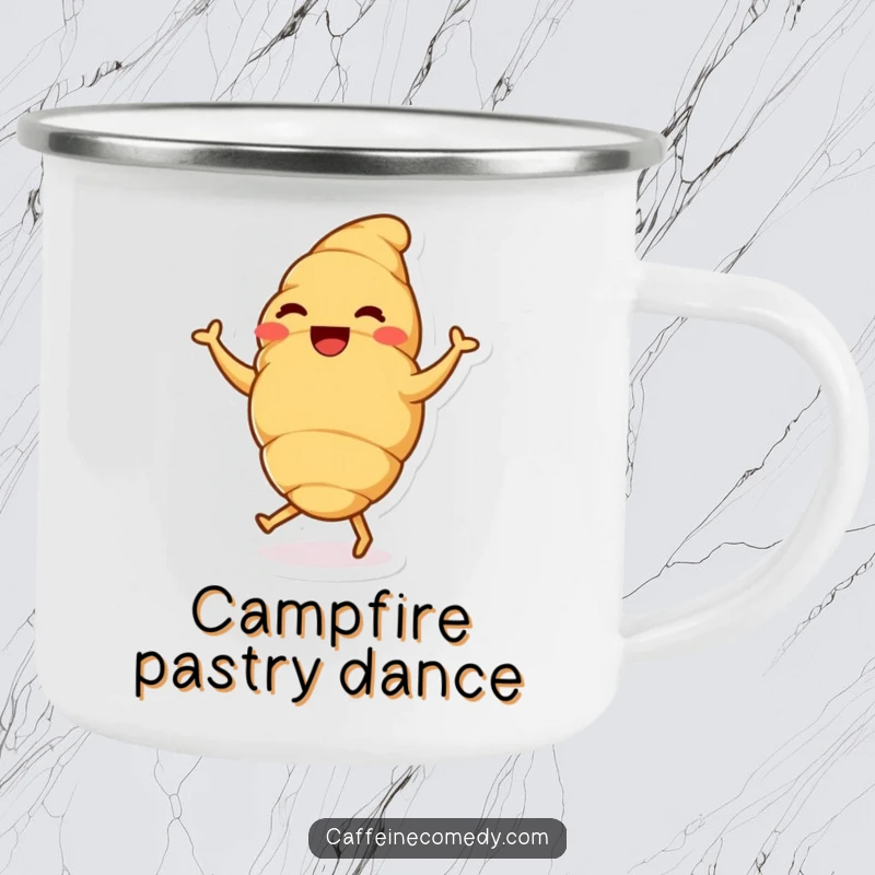 A delighted croissant character doing a dance on a rugged enamel camping mug, ready for breakfast adventures.
