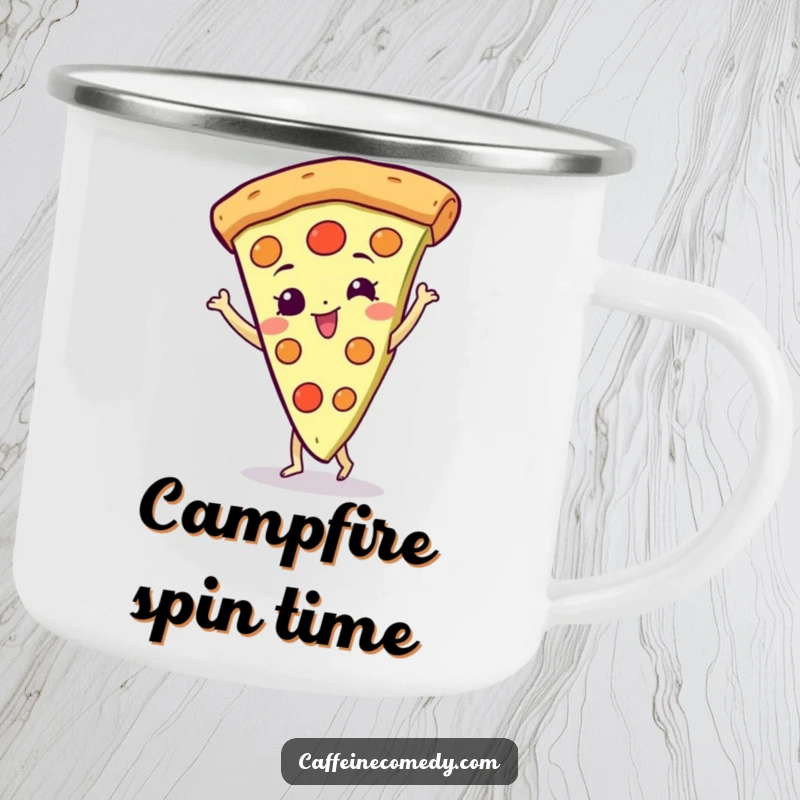 Funny Pizza Camping Mug: A gleeful pizza slice character spinning joyfully, bringing humor to outdoor adventures.