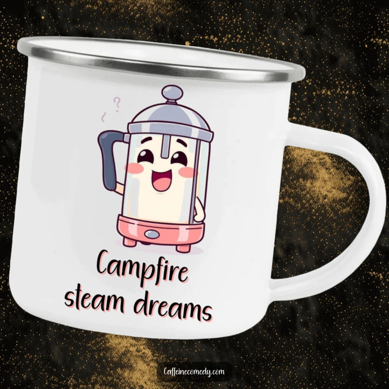 Funny French press character steaming with excitement on a sturdy camping mug.