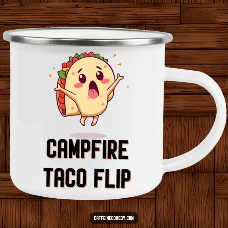 Funny camping mug featuring a surprised taco character doing a cartwheel with flying fillings. Perfect for taco lovers on the go.