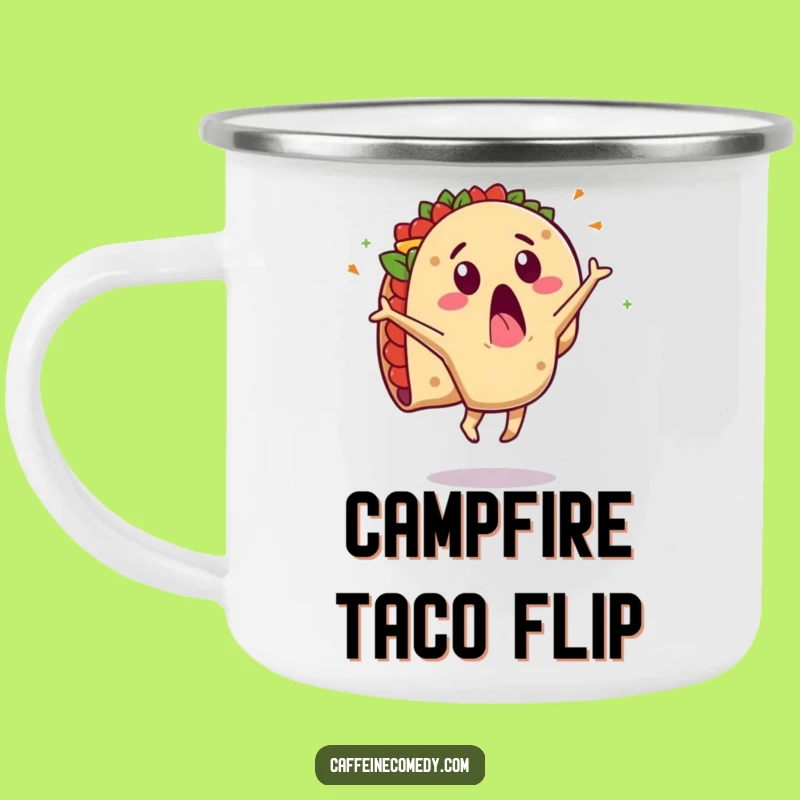 Funny Taco Cartwheel Camping Mug: Surprised Character's Messy Flip, Outdoor Fiesta!