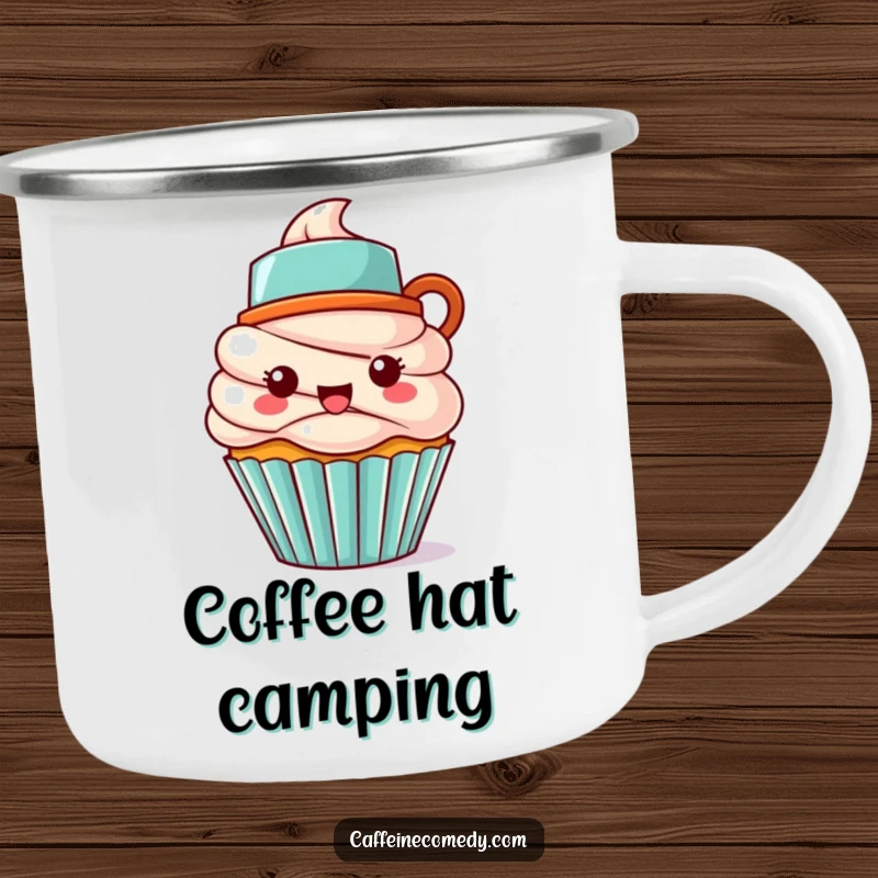Funny Kawaii cupcake character with a coffee mug hat, on a durable camping mug for outdoor enjoyment.