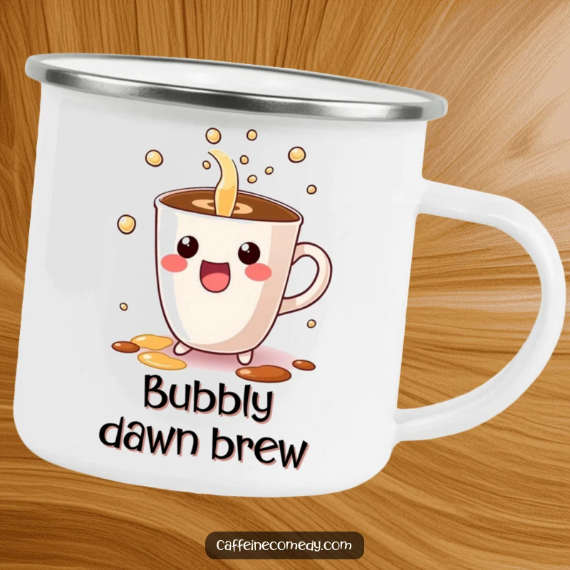 Funny camping mug with a Kawaii coffee cup character excitedly pouring bubbly liquid, perfect for outdoor enthusiasts who love cute humor.