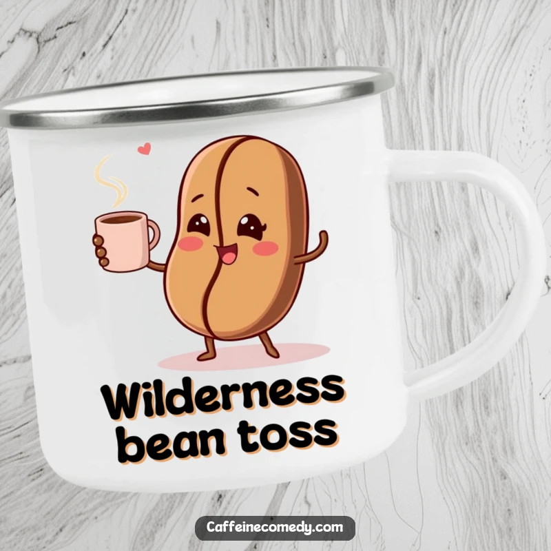 Funny camping mug depicting a winking coffee bean juggling a steaming mug, designed for outdoor enthusiasts.