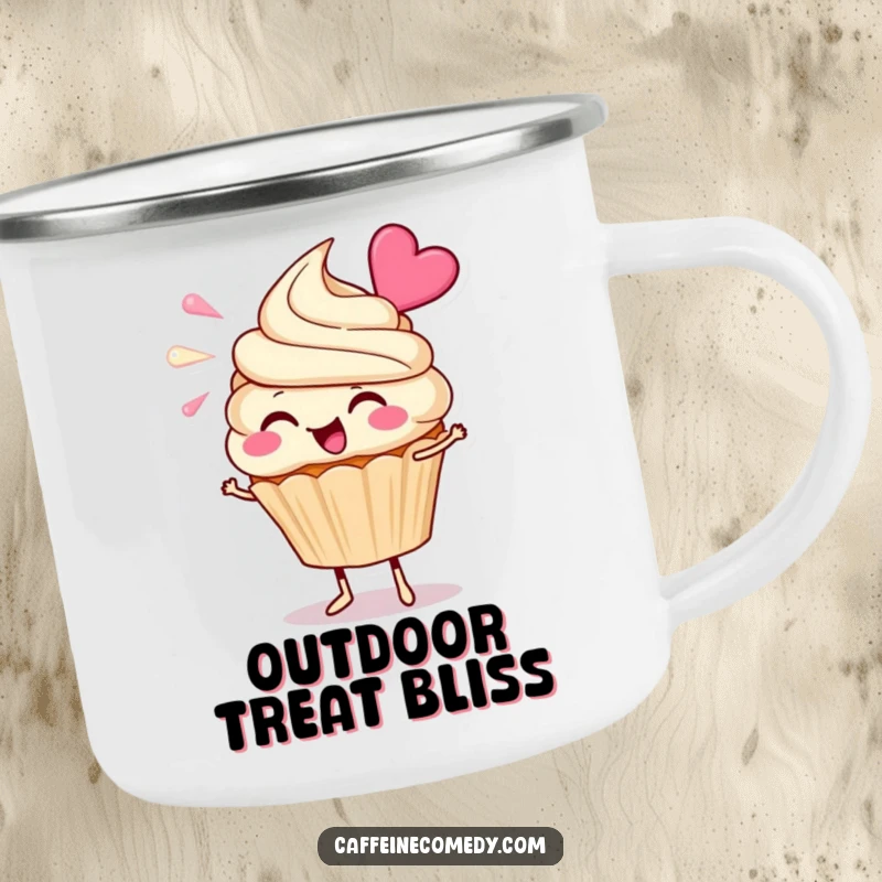 Funny Cupcake Camping Mug: A cheerful cupcake character happily blowing frosting, blending outdoor fun with sweet humor.