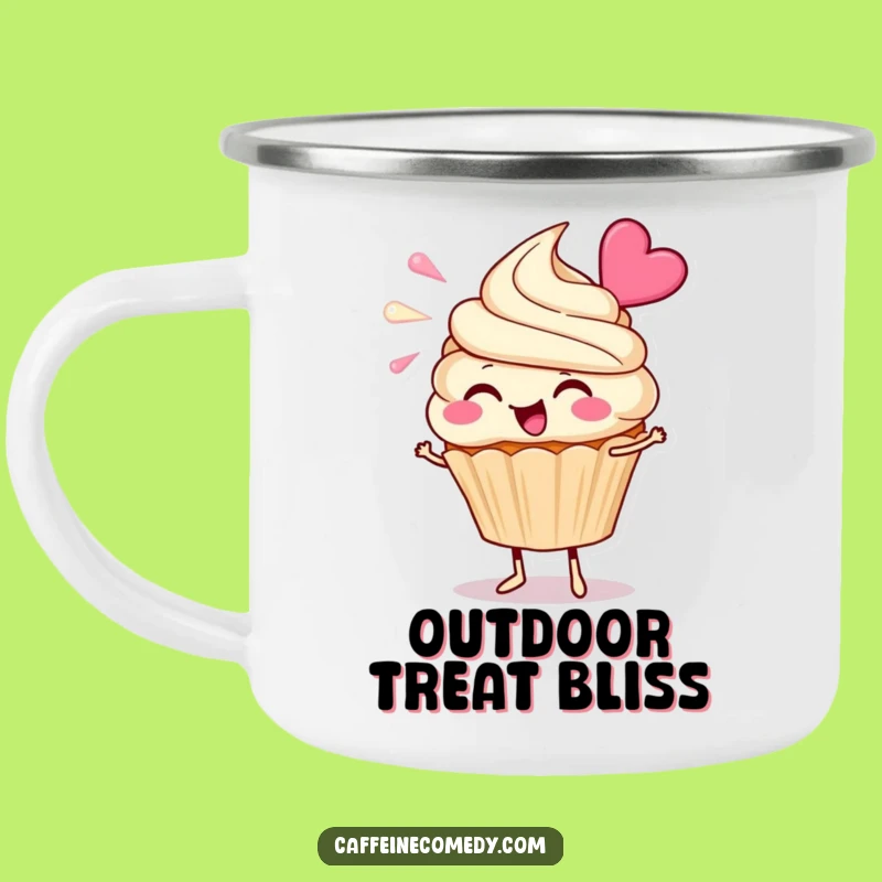 Funny Cupcake Frosting Camping Mug: Cheerful Character Blowing Frosting, Outdoor Gift